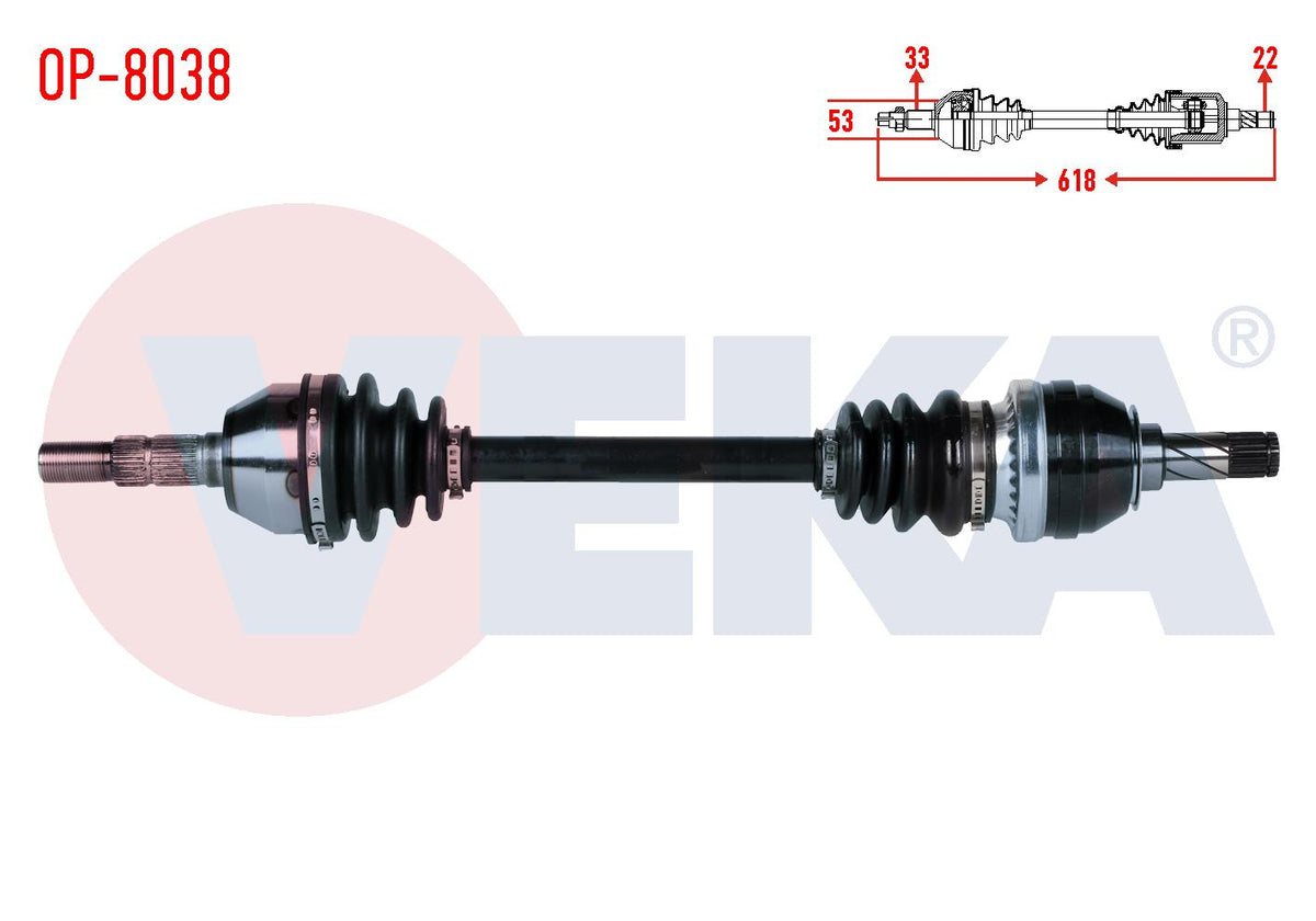 Veka OP-8038 Complete Axle Left Front Length 618mm Opel Astra J 1.4, 1.6 M-T 2009-2016 — Axles, CV Joints & Boots