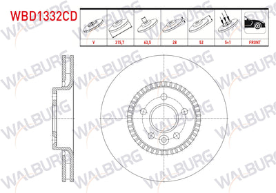 WALBURG WBD1332CD Brake Disc Front Air Coated Performance Drilled 5 Bjn 315,7X28x63,5X52 Volvo S60 II T3-T4-D3-2.0T 17 Rim 2010-/ S80 II D3-T5 2006-/ V60 T6-D5-1.6D 2010-/ V70 III 2.0 T