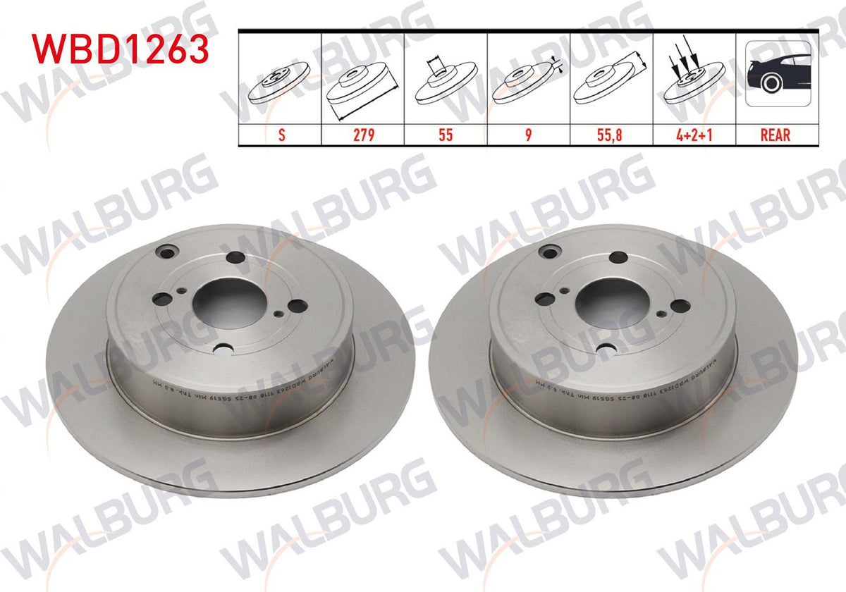 WALBURG WBD1263 Brake Disc Rear Straight 4 Bjn 279X9x55x55 — Brake Rotors & Drums