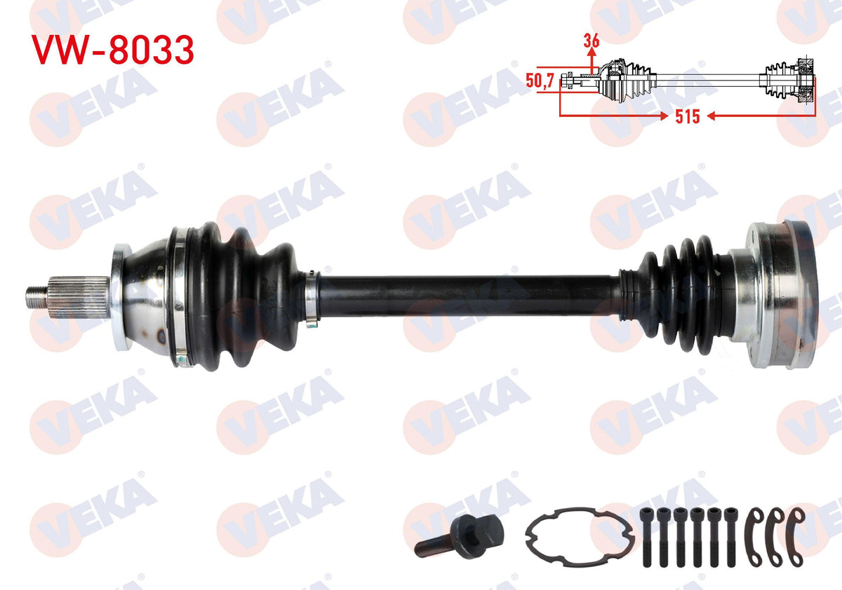 Veka VW-8033 Complete Axle Left Front Volkswagen Polo (6R,6C) 1.4 M-T Length 515mm 2009 — Axles, CV Joints & Boots