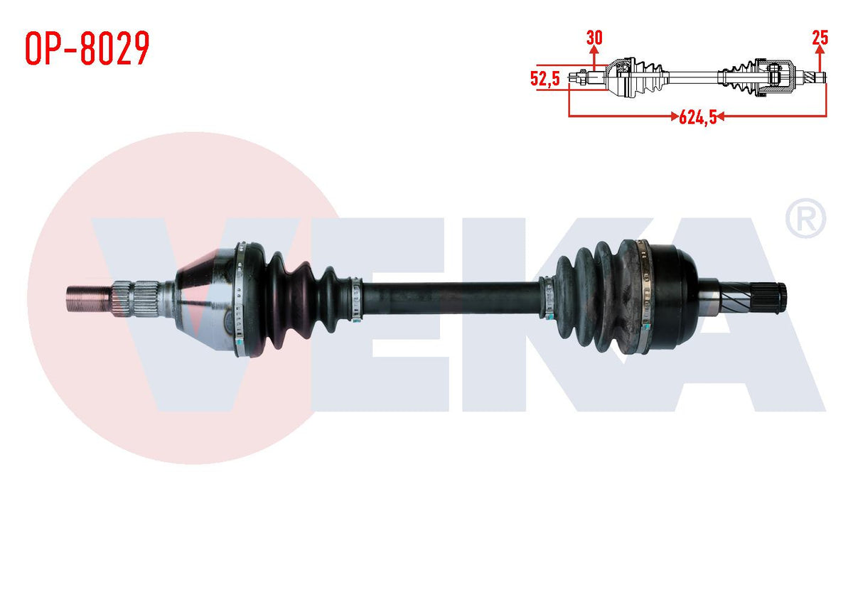 Veka OP-8029 Complete Axle Left Front Opel Insignia 1.6 T (A16let) M-T Length 624,5mm 2008 — Axles, CV Joints & Boots