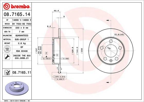 Brembo 08.7165.14 Brake Disc Rear (VW Golf 98-06 Polo 02-Audi A1 19-Seat Ibiza 02 -)-232×90 5×100 — Brake Rotors & Drums