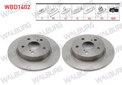 WALBURG WBD1402 Brake Disc Rear Straight 5 Bjn 274X10x62x47,4 Toyota Corolla 1.6 2019-| Set of 2 — Brake Rotors & Drums