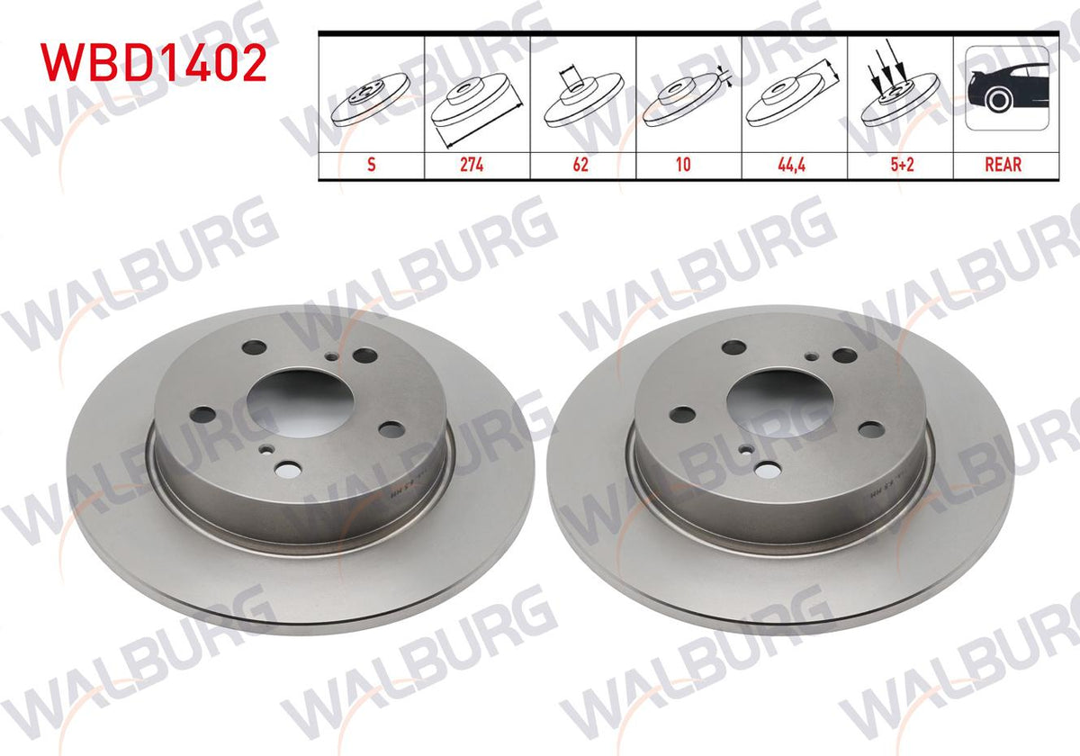 WALBURG WBD1402 Brake Disc Rear Straight 5 Bjn 274X10x62x47,4 Toyota Corolla 1.6 2019-| Set of 2 — Brake Rotors & Drums