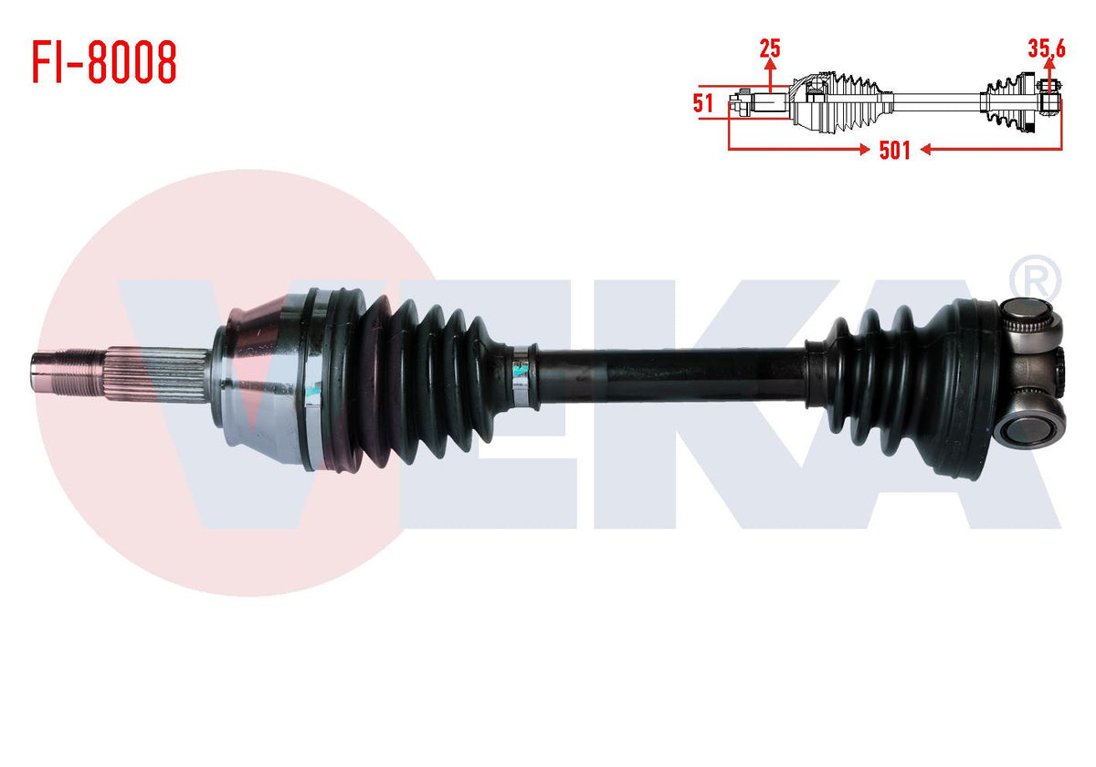 Veka FI-8008 Complete Axle Left Front Fiat Doblo (119,223) 1.3 Mjt Length 501 mm 2001-2010 — Axles, CV Joints & Boots