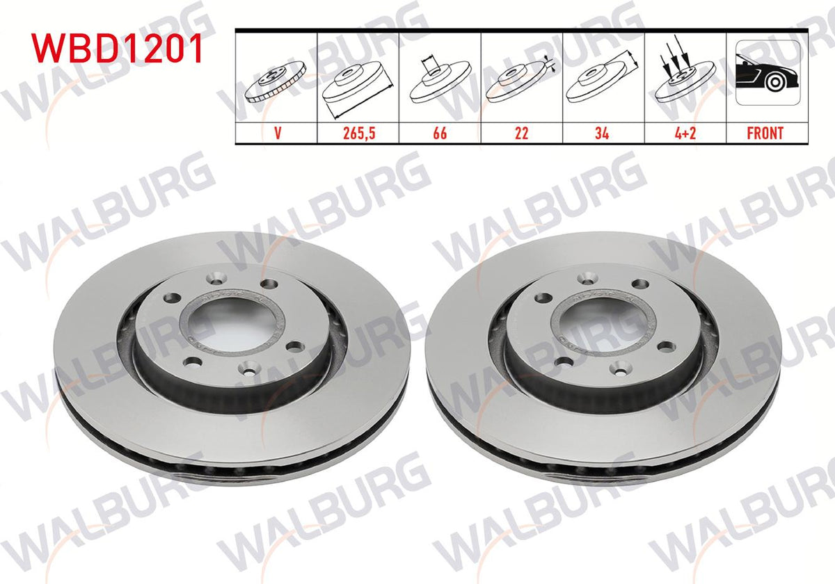 WALBURG WBD1201 Brake Disc Front Air 4 Bjn 265,5X22x66x34 Partner 2.0-1.6 96-08 / Berlingo 1.6 HDi-2.0 — Brake Rotors & Drums