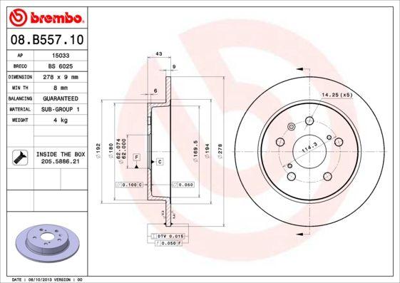 Brembo 08.B557.10 Brake Disc Rear Straight-(278-5)-(Suzuki Sx4 2006 / /) — Brake Rotors & Drums