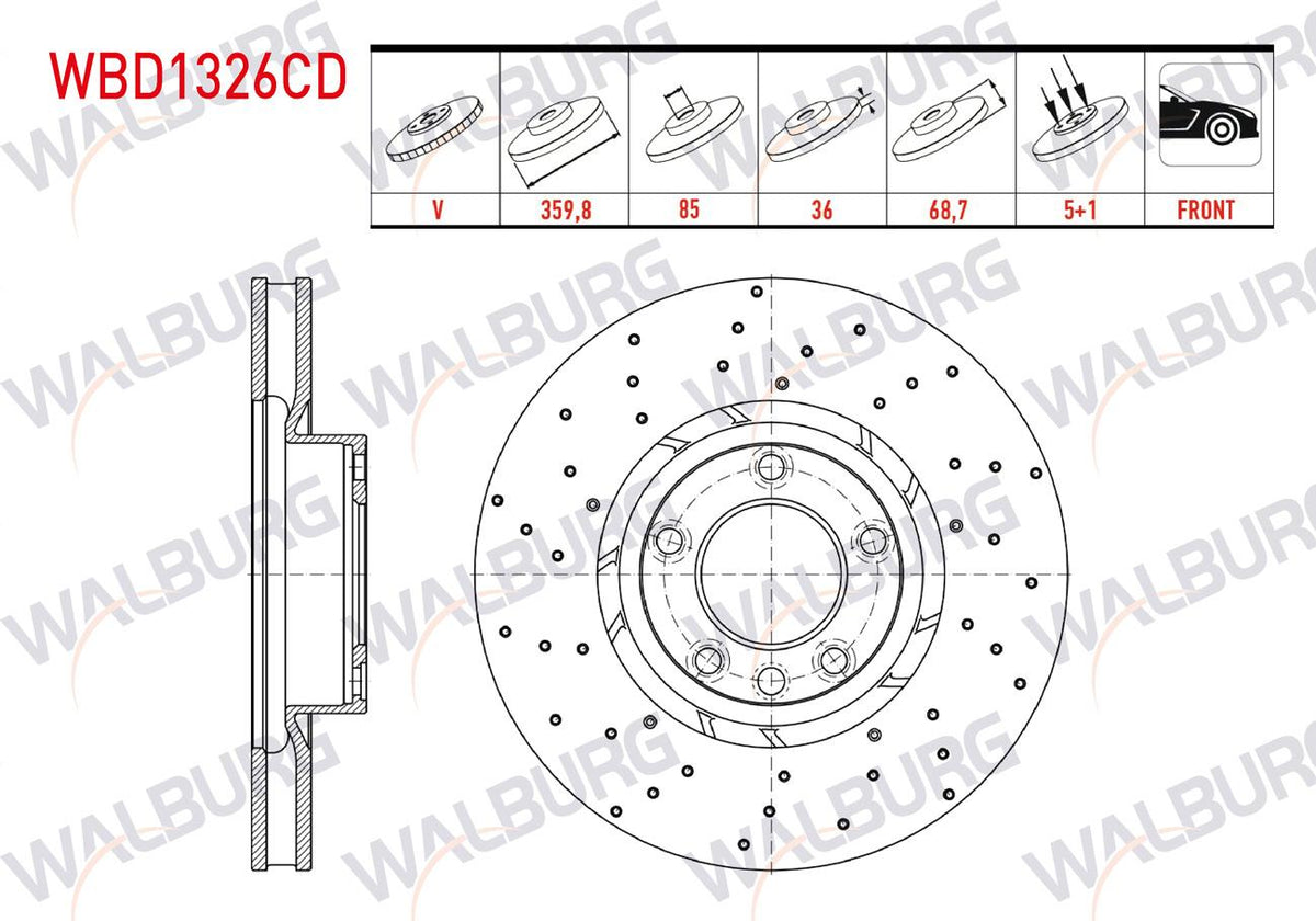 WALBURG WBD1326CD Brake Disc Right Front Air Coated Performance Drilled 5 Bjn 359,80X36x85x68 — Brake Rotors & Drums