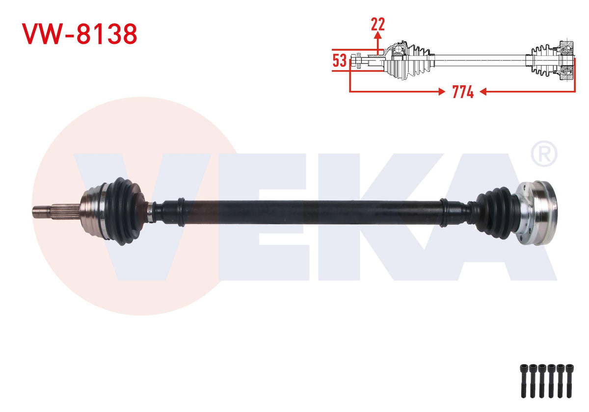 Veka VW-8138 Complete Axle Right Front Length 774mm Volkswagen Caddy II (9K9a) 1.9 D 1995-2004 / S — Axles, CV Joints & Boots