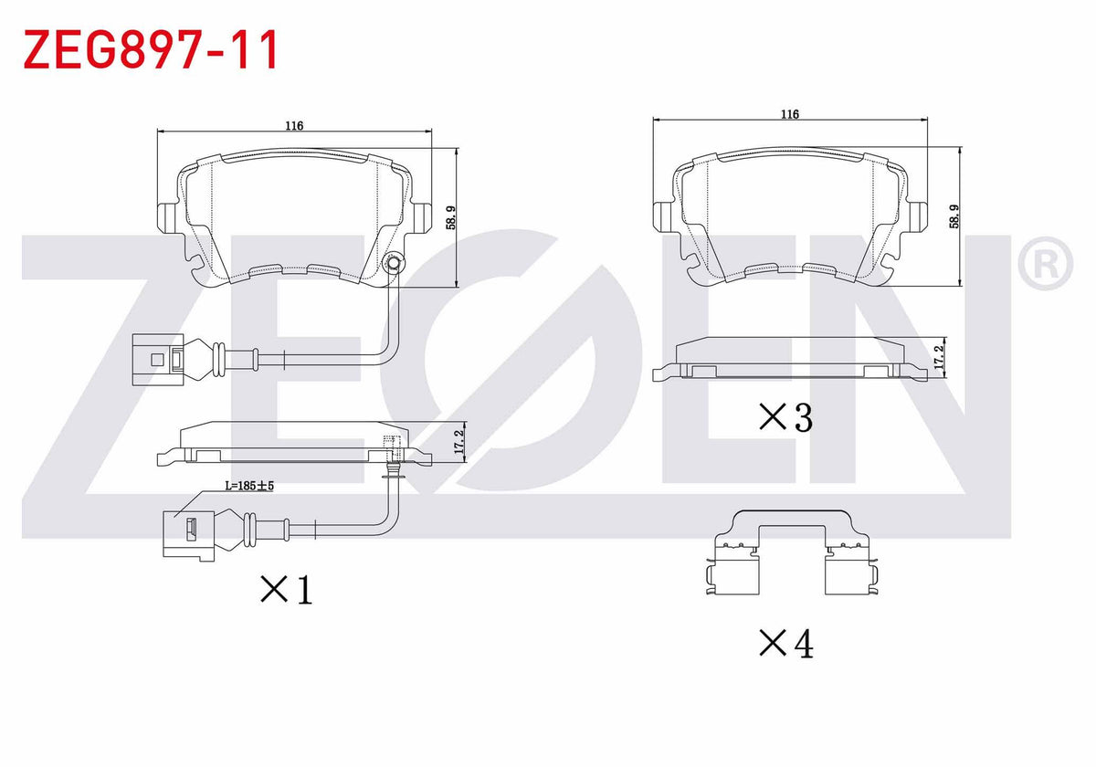 Zegen ZEG897-11 Brake Pad Rear with Connector Volkswagen Transporter V (7Ha, 7Hh and 5 more models — Brake Pads