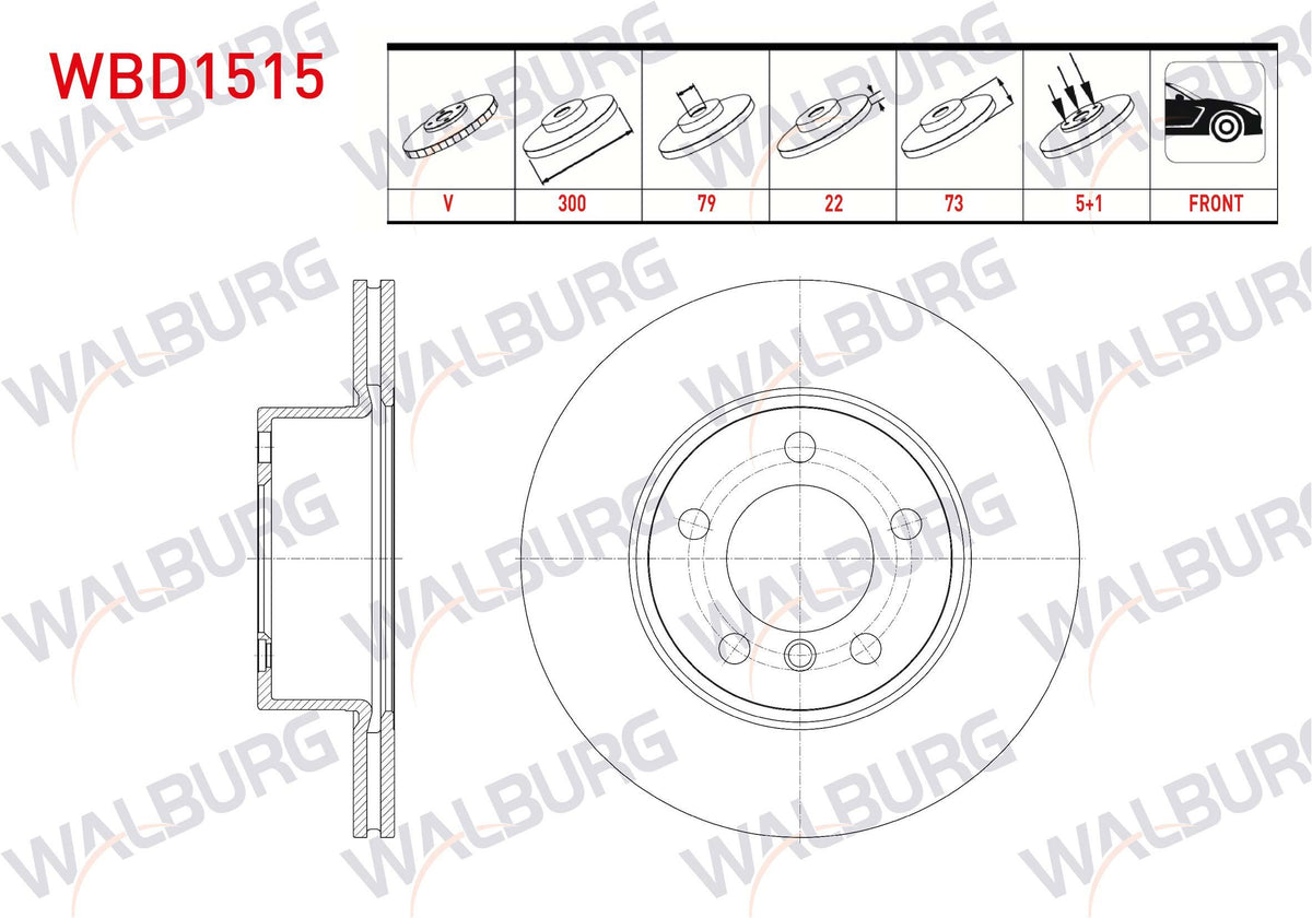 WALBURG WBD1515 Brake Disc Front Air BMW 3 Series (F30) 320 D 5 Bjn 300X22x79x73 2011-| Set of 2 — Brake Rotors & Drums