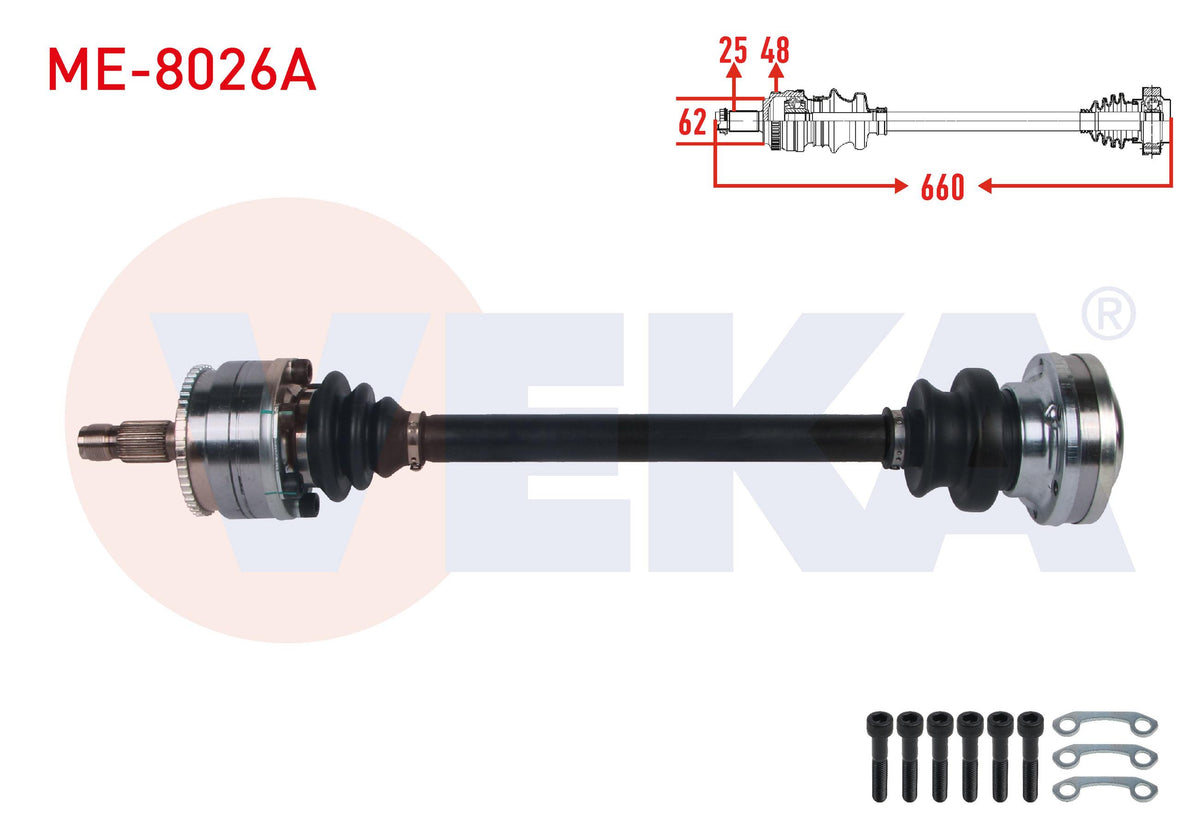 Veka ME-8026A Complete Axle Left-Right Rear with ABS 48 Outer Length 660mm Mercedes E Series (W210 — Axles, CV Joints & Boots