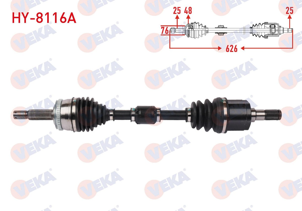 Veka HY-8116A Complete Axle Left Front Length 626mm ABS li 48 Outer Hyundai Getz 1.4 A-T 2006 — Axles, CV Joints & Boots