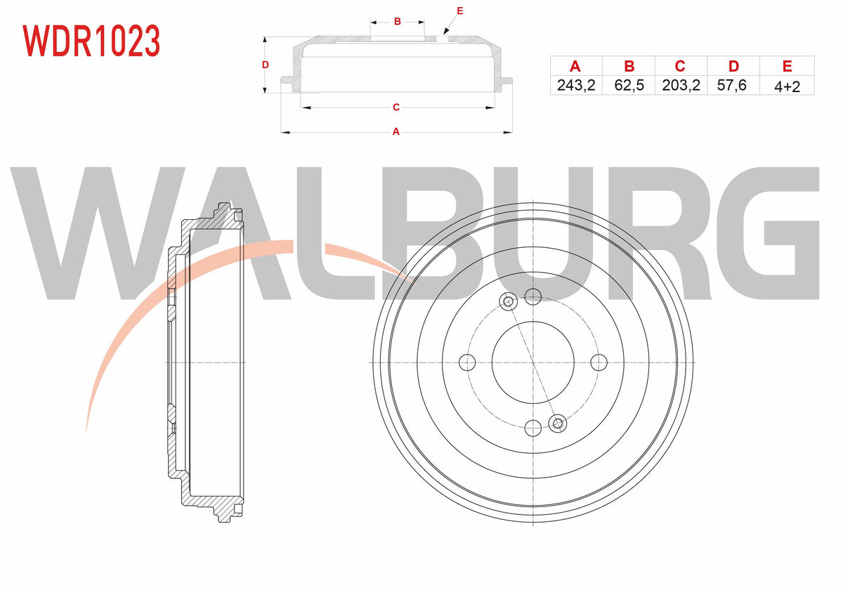 WALBURG WDR1023 Brake Drum Rear 4 Hole 243,2X62,5X203,2X57,6 Hyundai Accent Era 1.4i-1.5 CRDi-1.6 Cvvt 2006-2012 / i20 1.2 D-Cvvt-1.4 CRDi-1.4 Cvvt 2008-2015 / Kia Rio II 1.4i-1.5 CRDi