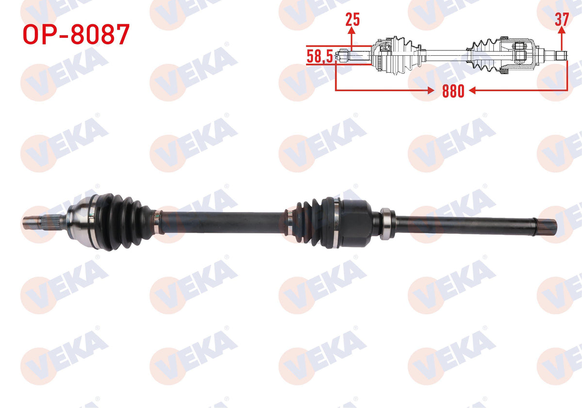 Veka OP-8087 Complete Axle Right Front Length 880mm Opel Crossland X 1.2 2017-/ Citroen C3 AirCros — Axles, CV Joints & Boots