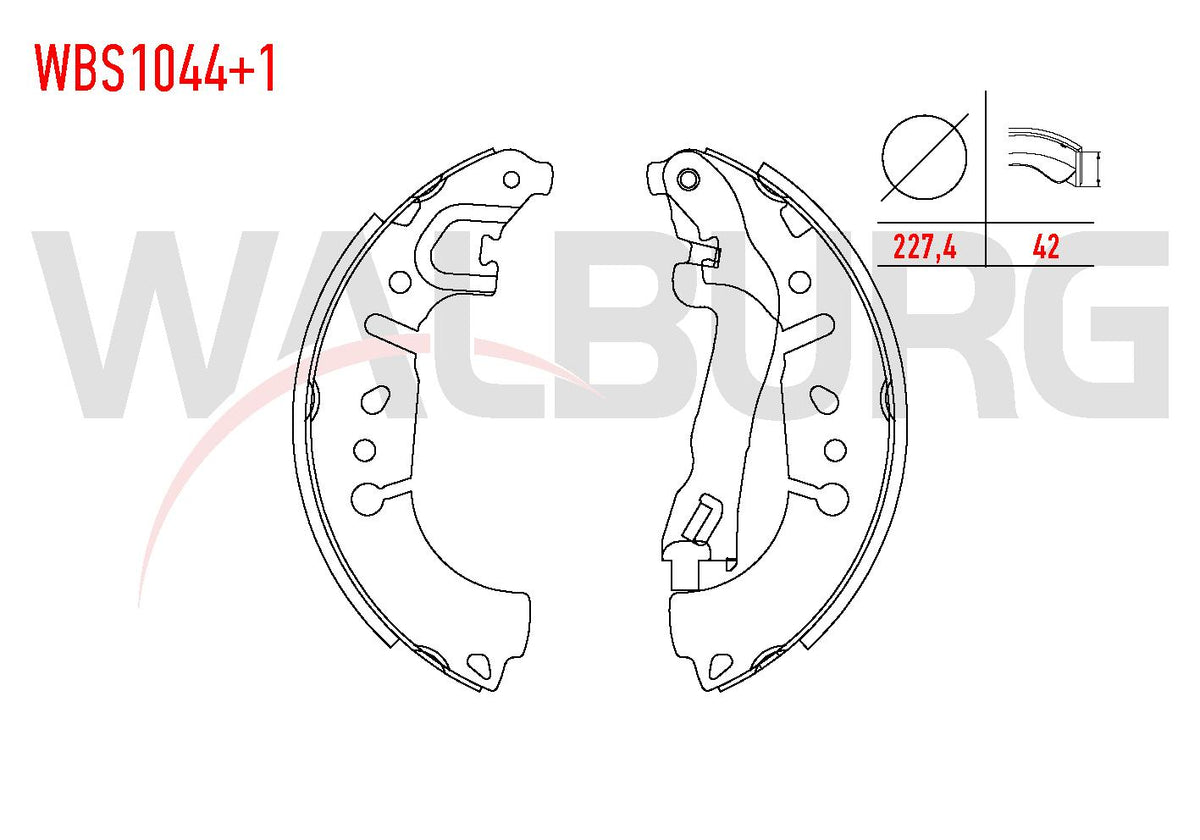 WALBURG WBS1044+1 Brake Shoe Rear + 1mm Daha Thick Fiat Egea 1.3 Mjt with Lever 227 — Brake Cables & Hardware