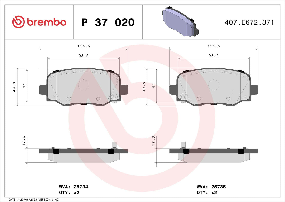 Brembo P37020 Brake Pad Rear Low-Met Chrysler