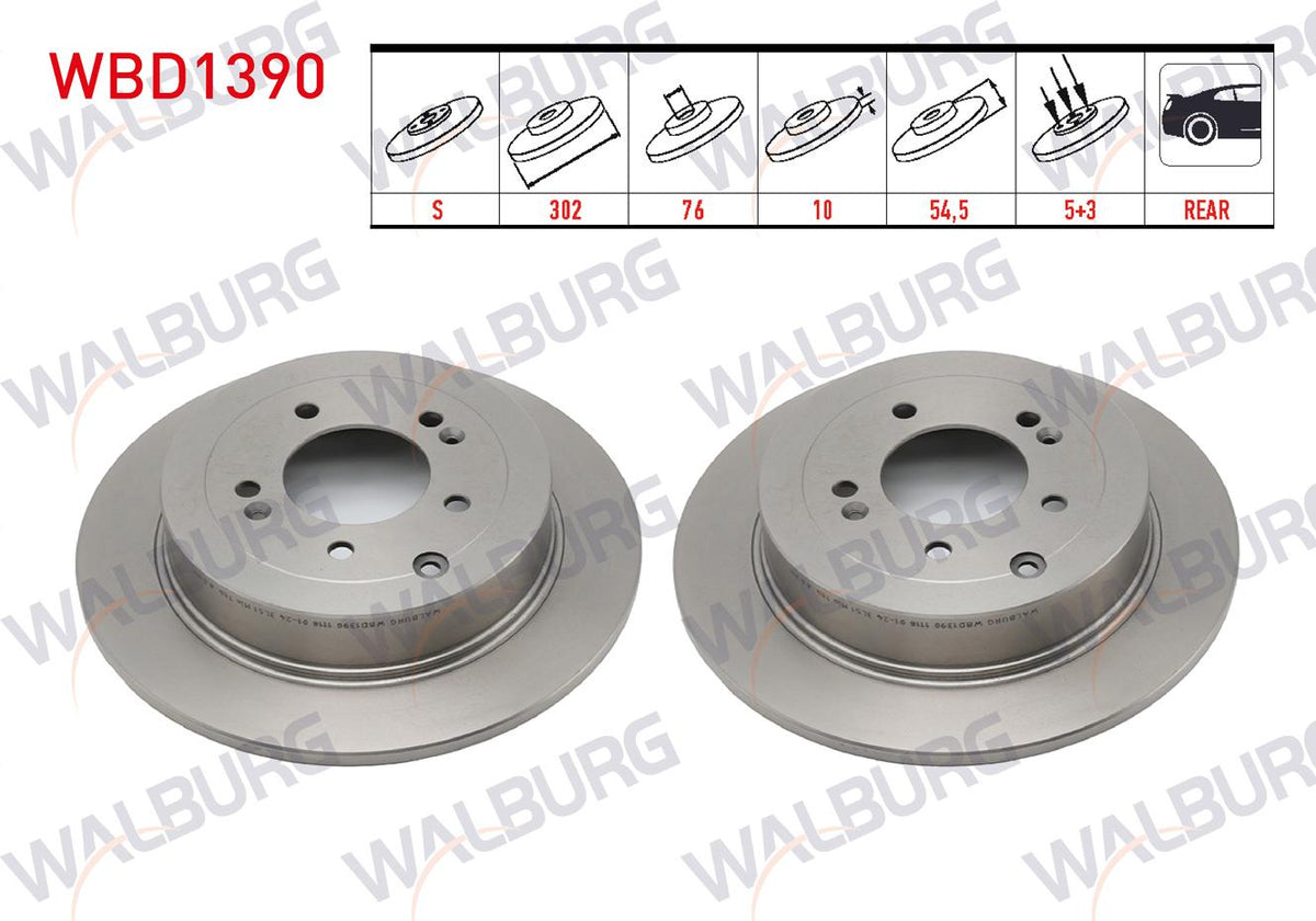 WALBURG WBD1390 Brake Disc Rear Straight 5 Bjn 302X10x54,5X76 Kia Sportage 1.6 GDI (Electronic El Brake None) 2015-/ Kia Sportage 2.0 CRDi 2015-/ Hyundai Tucson (Tle) 1.6 GDI-1.6 T-GDI 2015-| 2 Ad