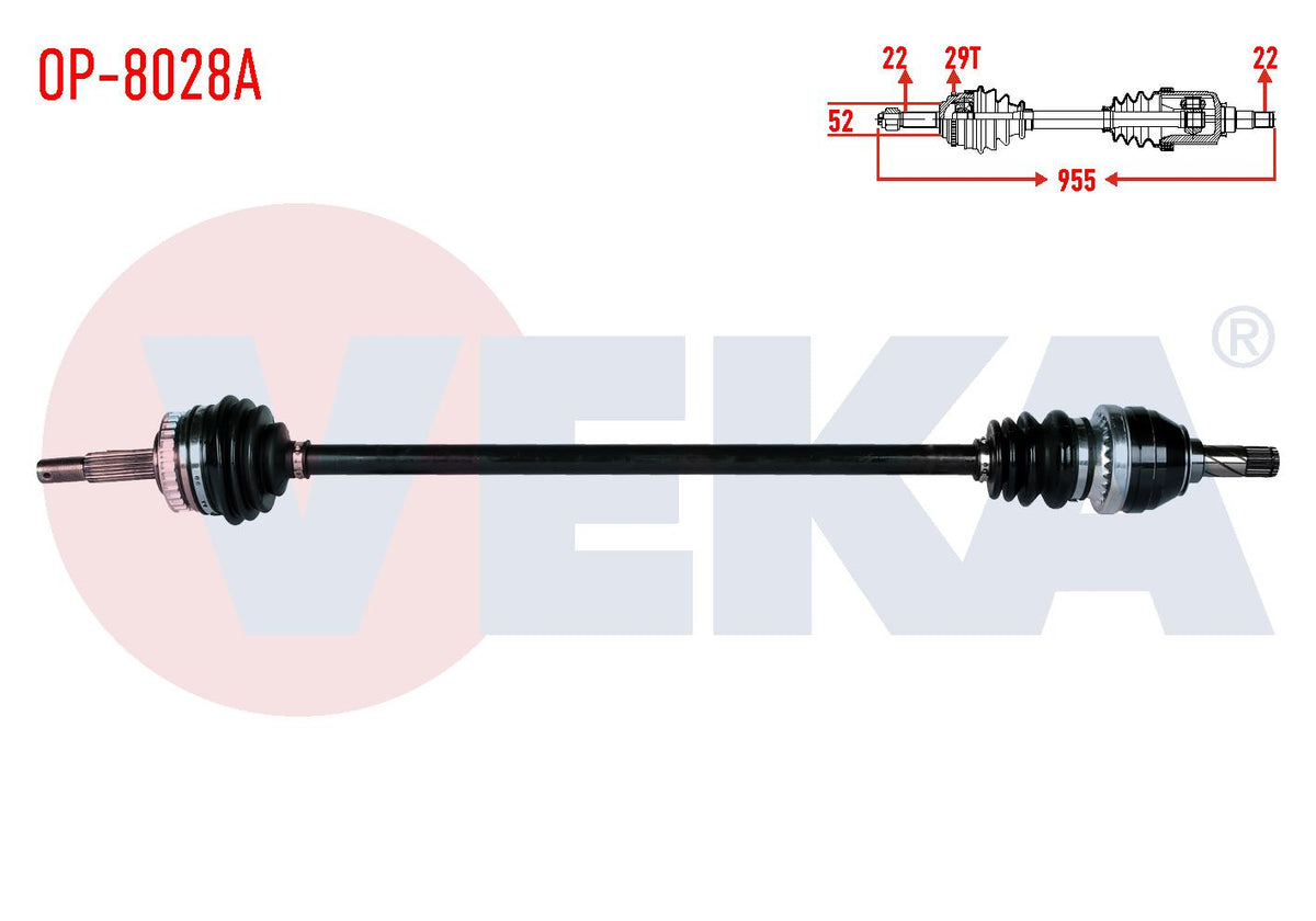 Veka OP-8028A Complete Axle Right Front Opel Vectra B 1.6i Abslı 29 Outer Length 955mm 1995-2003 — Axles, CV Joints & Boots