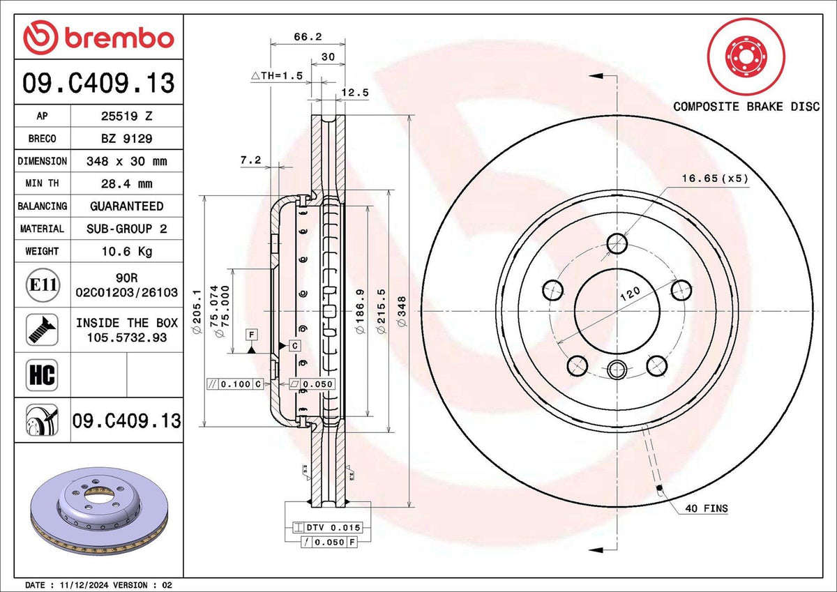 Brembo 09.C409.13 Brake Disc (BMW F10 On 525Dx-528 — Brake Rotors & Drums