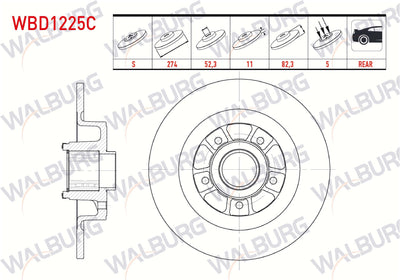 WALBURG WBD1225C Brake Disc Rear Straight Coated 5 Bjn 274X11x61,92X82 Renault Laguna II 1.6i 16V-1.9 dCi-2.0i 16V Wheel Hub with Bearing Magnetic ABS Okuyuculu 2001-2007 | Set of 2