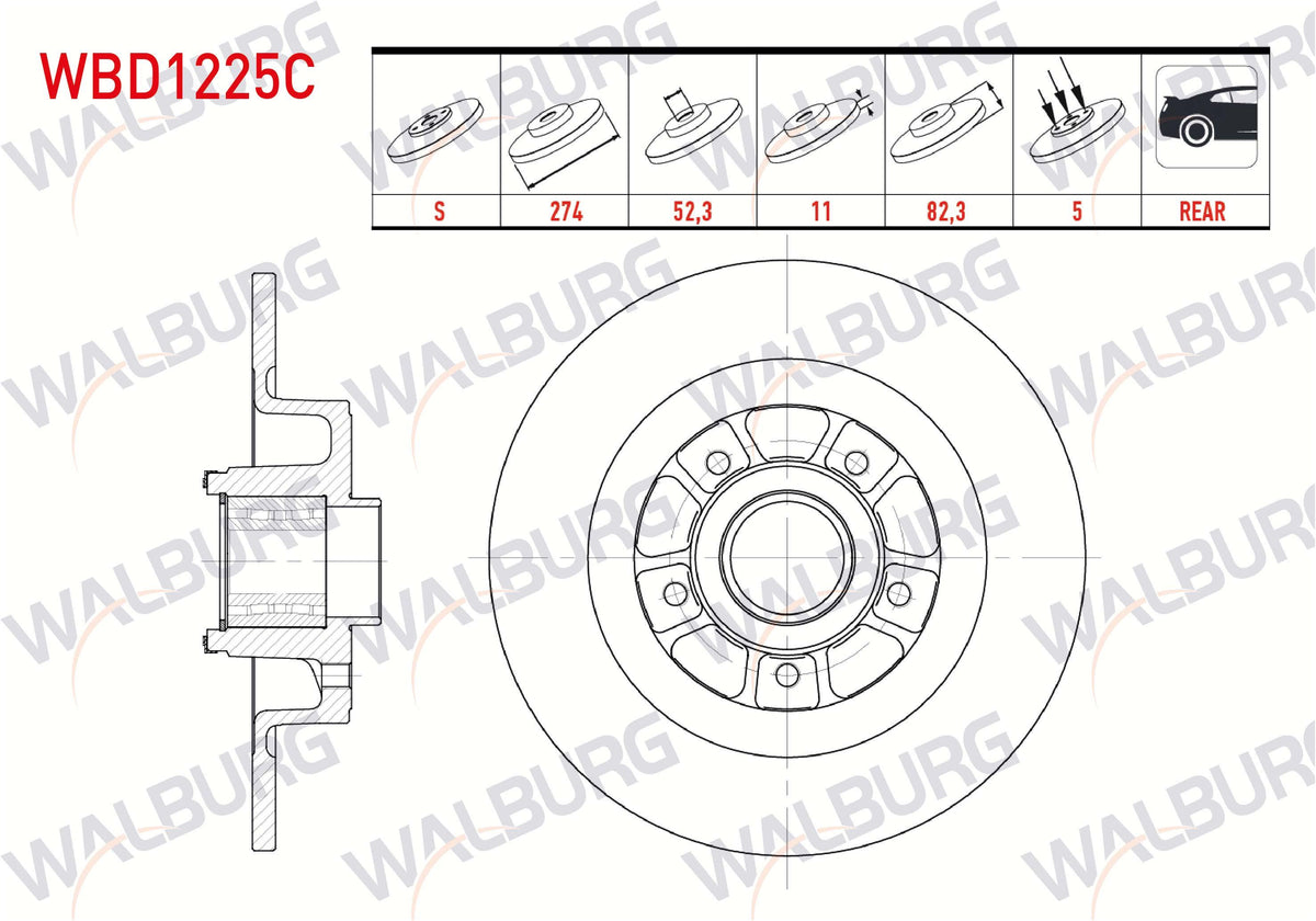 WALBURG WBD1225C Brake Disc Rear Straight Coated 5 Bjn 274X11x61,92X82 Renault Laguna II 1.6i 16V-1.9 dCi-2.0i 16V Wheel Hub with Bearing Magnetic ABS Okuyuculu 2001-2007 | Set of 2