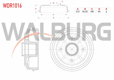 WALBURG WDR1016 Brake Drum Rear 4 Hole 212X50,22X180x80 Peugeot 106 1.4i-1.6i 1996-2002 / 206 1.4i-1.6 — Brake Rotors & Drums