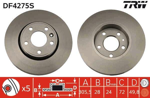 TRW DF4275S Front Brake Disc Trafic II/Vivaro 1.9/2.0 dCi 305,5mm 5 Lug — Brake Rotors & Drums