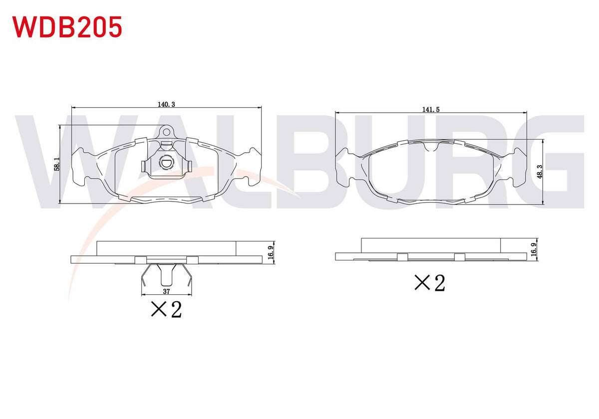 WALBURG WDB205 Brake Pad Front Opel Astra F 1.4i 1991-1998 / 1.6i 1991-1998 / F Classic 1.4i 1998-2002 / Vectra A 1.6 1988-1995 / Combo B 1.2 1994-2001 / 1.4 1994-2001 / Corsa B 1.2i 16V 1993