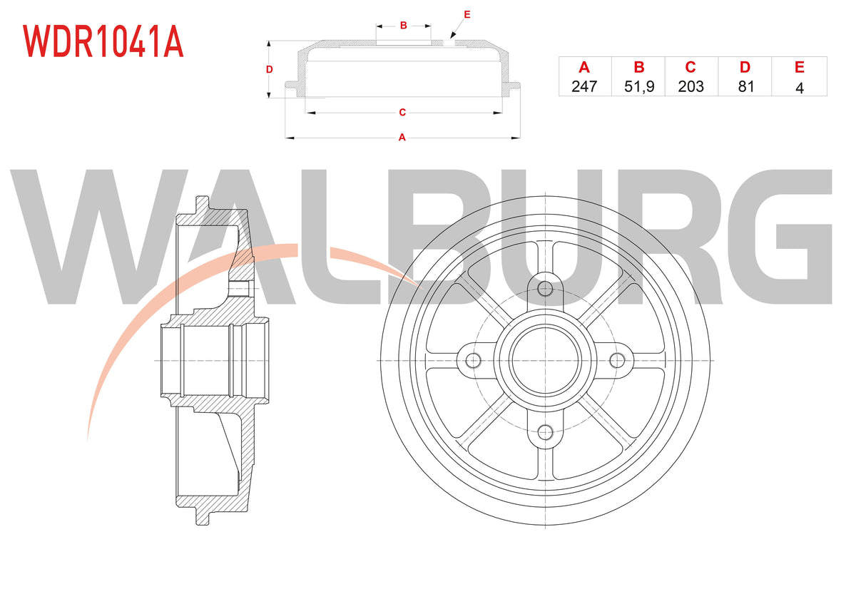 WALBURG WDR1041A Brake Drum Rear 4 Hole Peugeot 306 1.6-1.8 1993-2002 / Citroen Xsara 1.4 HDi-1.6 1997 — Brake Rotors & Drums