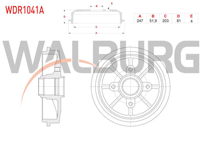 WALBURG WDR1041A Brake Drum Rear 4 Hole Peugeot 306 1.6-1.8 1993-2002 / Citroen Xsara 1.4 HDi-1.6 1997 — Brake Rotors & Drums