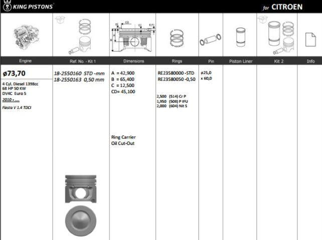 King 182550160 Piston 73.70 mm (Std) Peugeot P208 Bipper Ford Fiesta Citroen Nemo 1.4 HDi 12-Dv4c (Euro — Pistons & Rotating