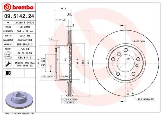 BREMBO Front Brake Disc 09.5142.24 - Air-Cooled 302 mm for BMW 5 Series E34 — Brake Rotors & Drums