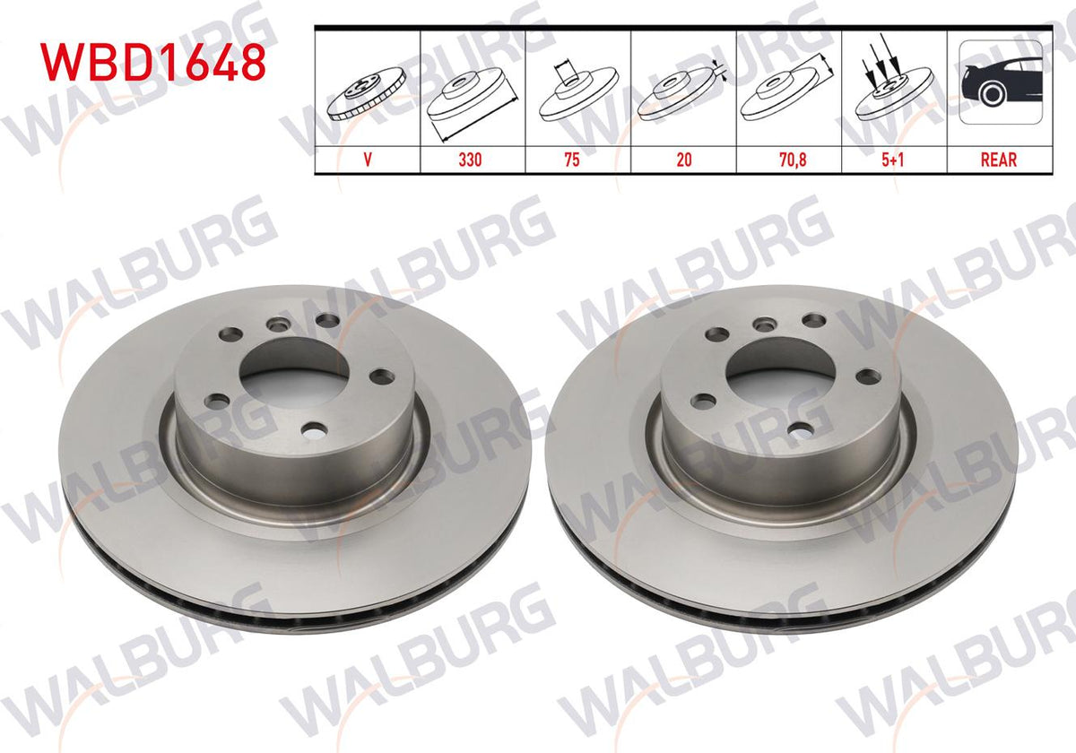 WALBURG WBD1648 Brake Disc Rear Air 5 Bjn 330X20x75x70,8 BMW X3 (F25) 2010-2017 / X4 (F26) 2014-2018 — Brake Rotors & Drums