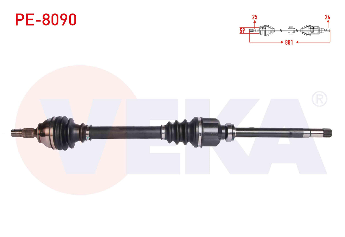 Veka PE-8090 Complete Axle Right Front Peugeot 208 1.6 HDi Length 881 mm 2012 — Axles, CV Joints & Boots