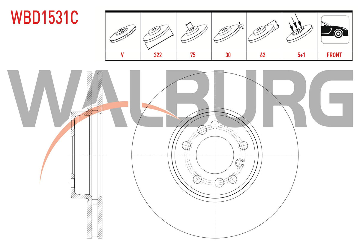 WALBURG WBD1531C Brake Disc Front Air Coated BMW X3 (E83) 3.0 D 5 Bjn 332X30x75x62 2004-2010 — Brake Rotors & Drums