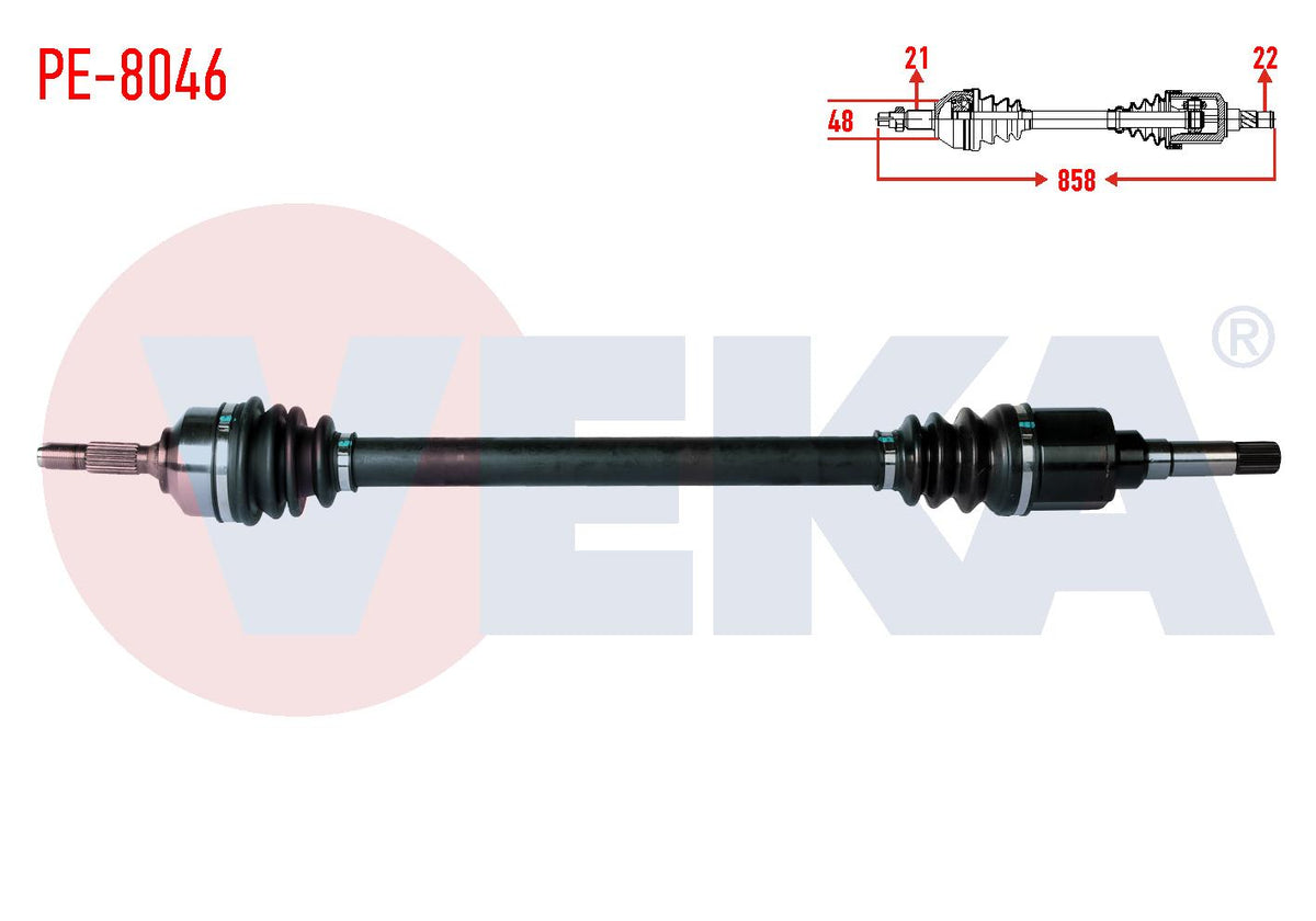 Veka PE-8046 Complete Axle Right Front Length 858mm Peugeot 207 (Wa — Axles, CV Joints & Boots
