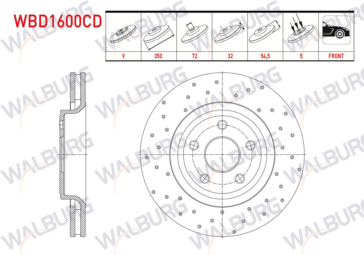 WALBURG WBD1600CD Brake Disc Front Air Coated Performance Drilled 5 Bjn 18 Rim 350X32x72x54,5 Jeep Grand Cherokee IV (Wk,Wk2) 3.0 Crd-3.6 V6 2010-| Set of 2