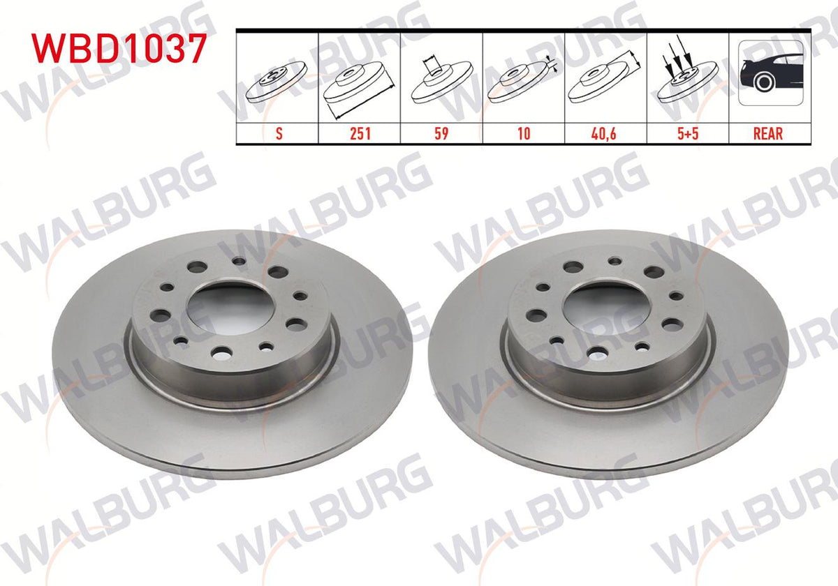 WALBURG WBD1037 Brake Disc Rear Straight 5 Bjn 251X10x59x40 — Brake Rotors & Drums