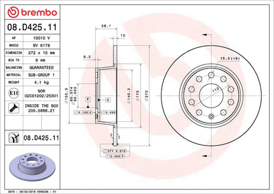 Brembo 08.D425.11 Brake Disc Rear (VW T-Roc 18-Audi Q2 17-Seat Leon 17-20 Skoda Octavia 20) — Brake Rotors & Drums