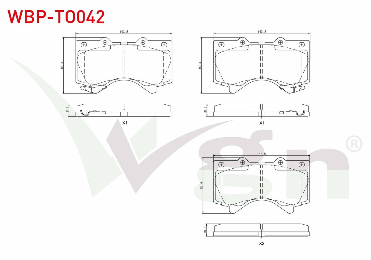 WGN WBP-TO042 Brake Pad Front with Wear Indicator Toyota Land Cruiser 4.7 V8 2008-/ Land Cruiser 4.5 D V8 2008-/ — Brake Pads