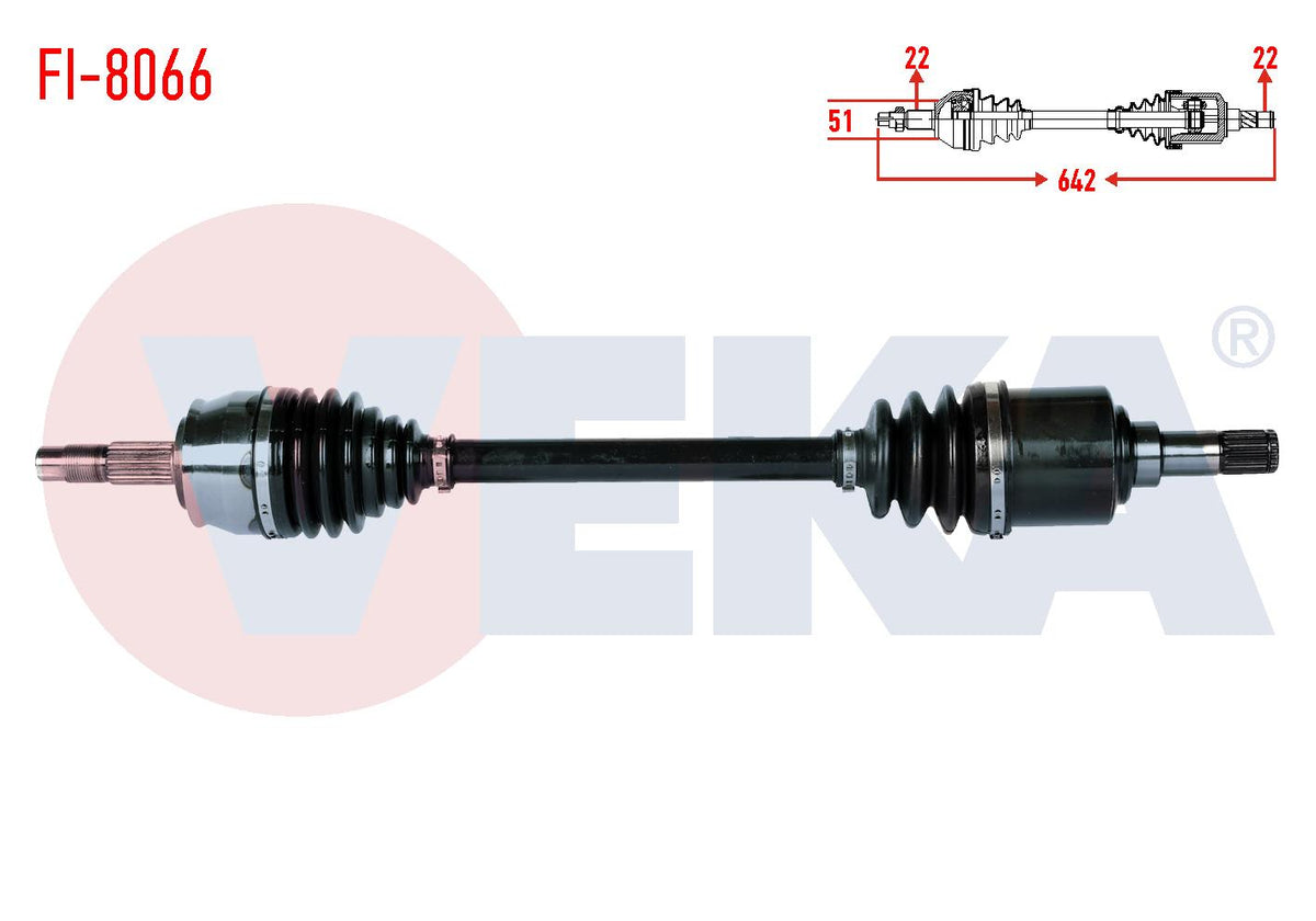 Veka FI-8066 Complete Axle Left Front Length 642mm Fiat Linea 1.4 2007-/ Fiorino 1.4i 2007-/ Citro — Axles, CV Joints & Boots