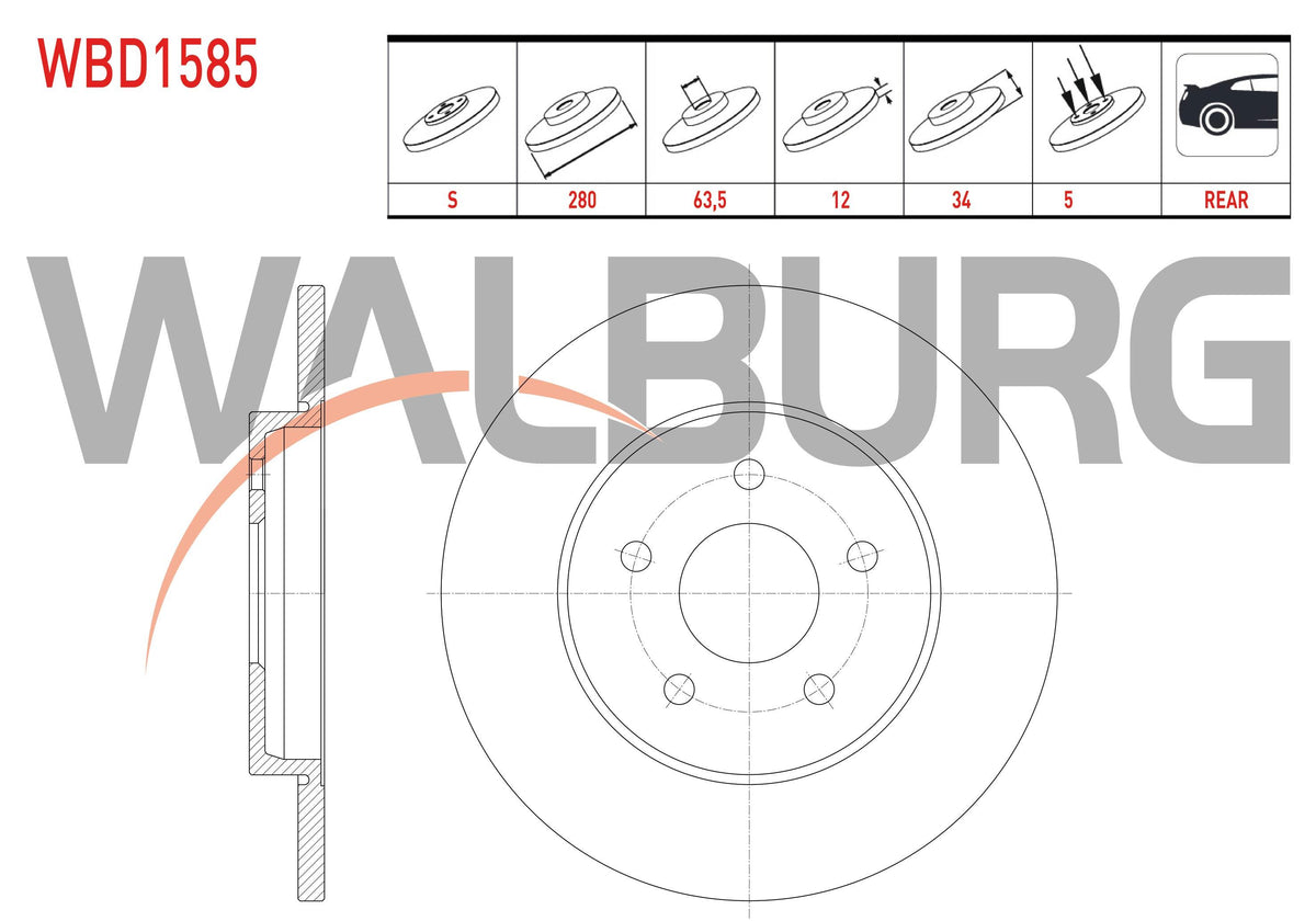 WALBURG WBD1585 Brake Disc Rear Straight 5 Bjn 280X12x63 — Brake Rotors & Drums