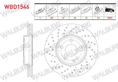 WALBURG WBD1546 Brake Disc Front Air 5 Bjn 295X28x67x51 Mercedes A Series (W176) A 160 CDI 2012-| Set — Brake Rotors & Drums