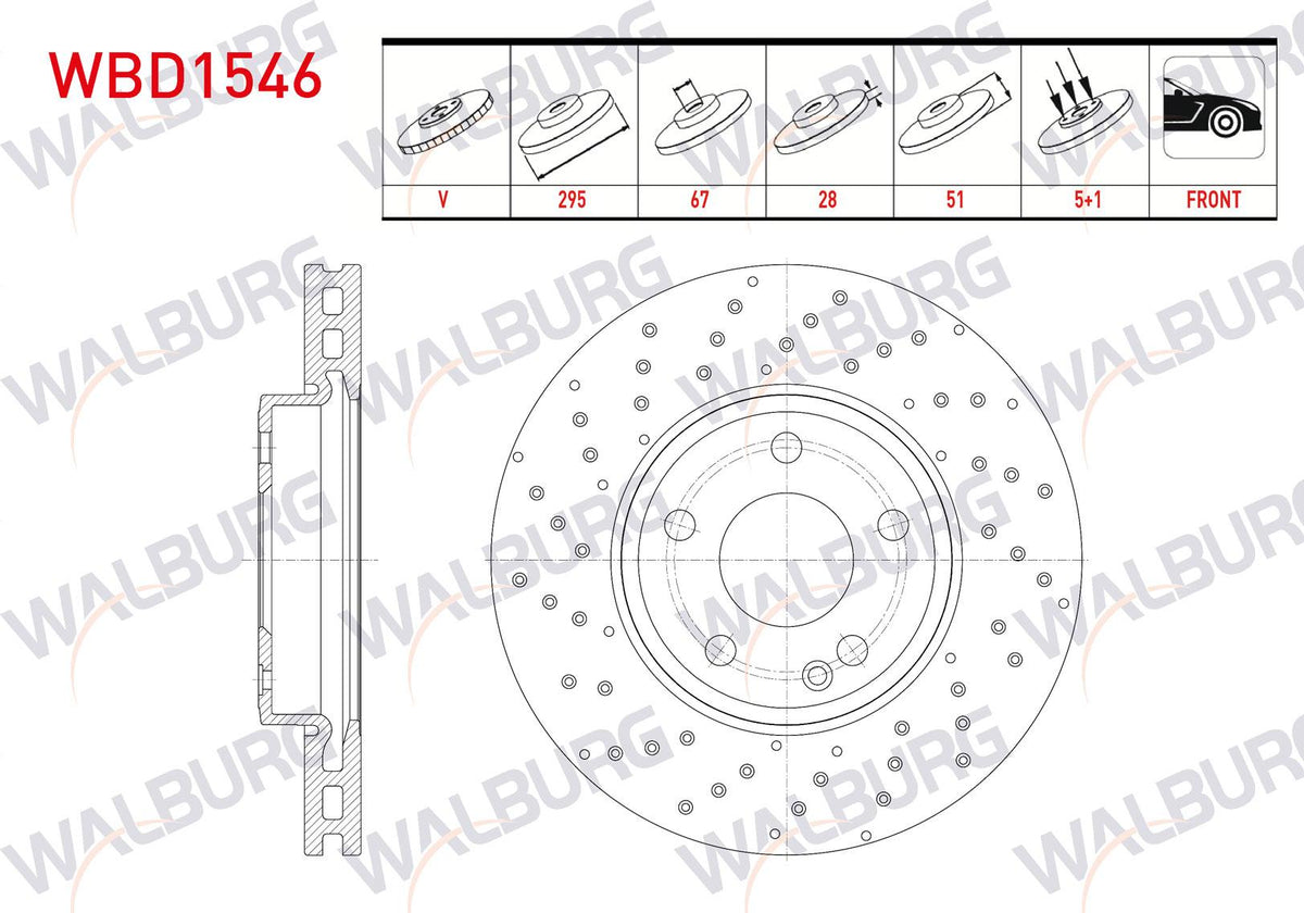 WALBURG WBD1546 Brake Disc Front Air 5 Bjn 295X28x67x51 Mercedes A Series (W176) A 160 CDI 2012-| Set — Brake Rotors & Drums