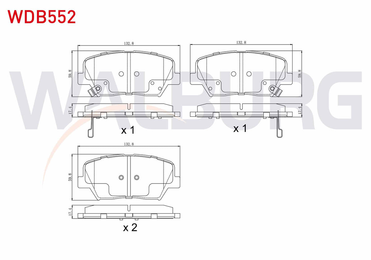 WALBURG WDB552 Brake Pad Front with Wear Indicator Hyundai Elantra 1.6 D-Cvvt 2011-2015 / Kia Cerato 1.6 CRDi 20 — Brake Pads
