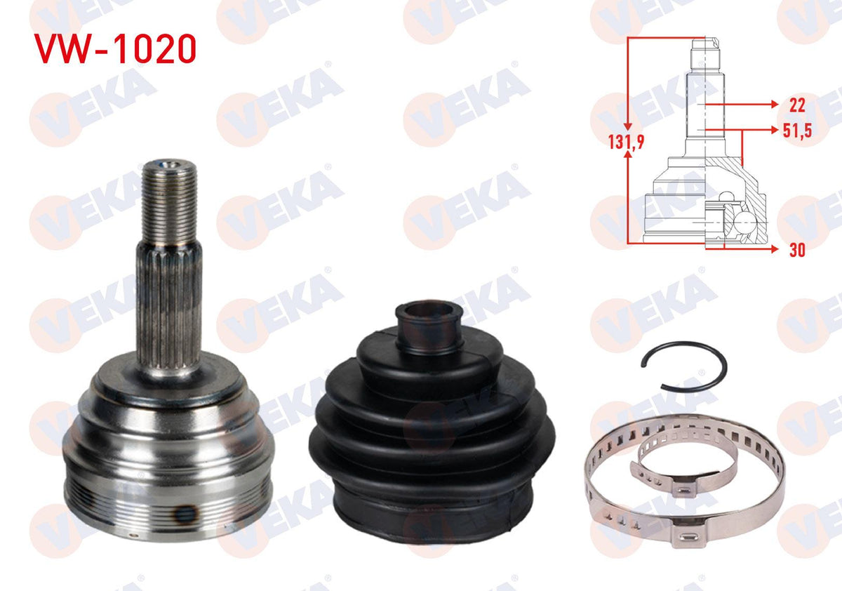Veka VW-1020 CV Joint Left-Right Front Outer Volkswagen Polo (9N_) 1.4i 16V 22X30x51,5 Length 131 — Axles, CV Joints & Boots