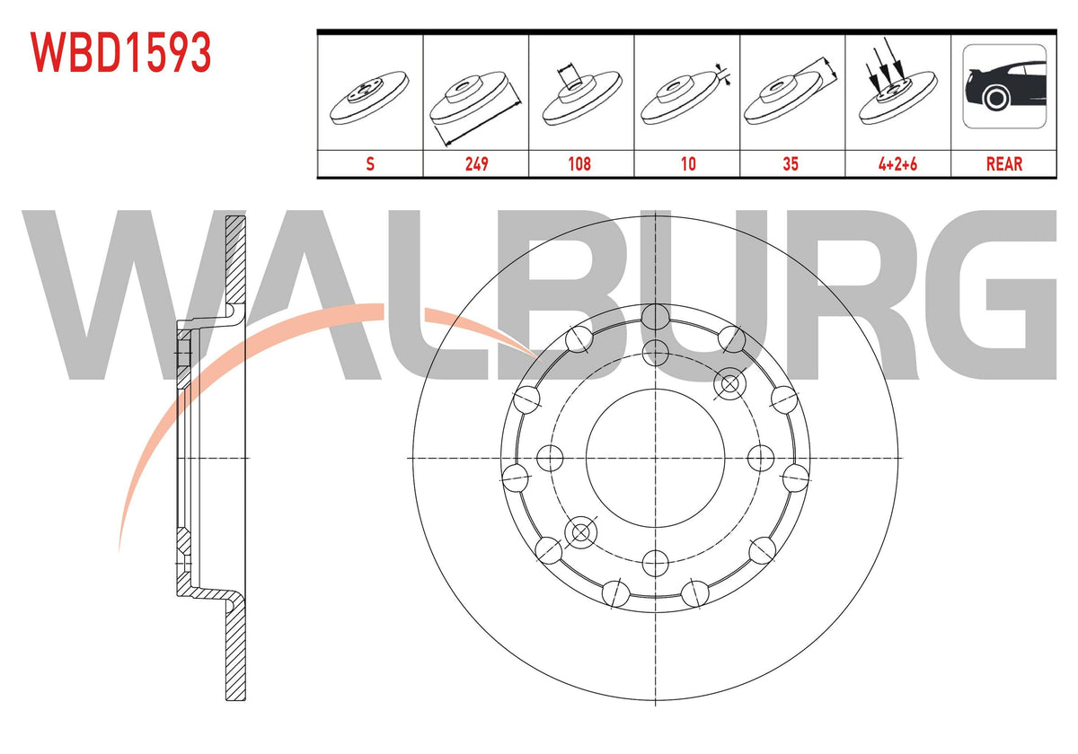 WALBURG WBD1593 Brake Disc Rear Straight 4 Bjn 249X10x108x35 Opel Corsa F — Brake Rotors & Drums
