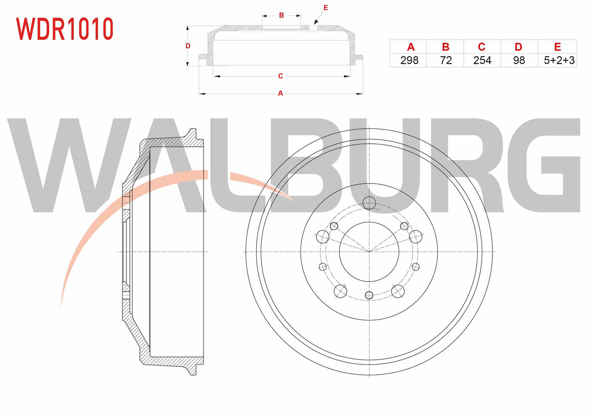 WALBURG WDR1010 Brake Drum Rear 5 Hole 298X72x254x98 14Q Fiat Ducato 2.0 JTD-2.5 TDI-2.8 TDI 1994-2002 — Brake Rotors & Drums