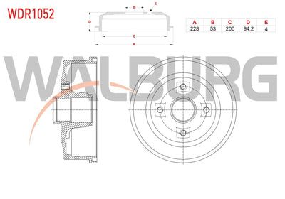 WALBURG WDR1052 Brake Drum Rear 4 Hole 228X53x200x94 — Brake Rotors & Drums